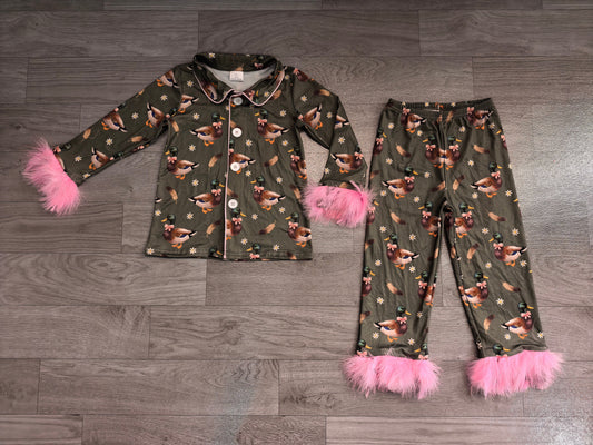 No moq Preorder Baby Girls Kids Ducks Bows Flower Buttons Shirt Pink Fur Pants Pajamas Set Clothes