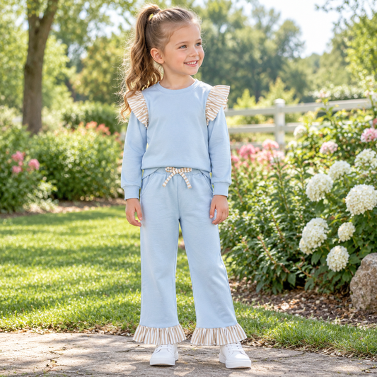 Baby Girls Kids Long Sleeves Ruffle Tops Pockets Pants Cotton Set Blue Clothes