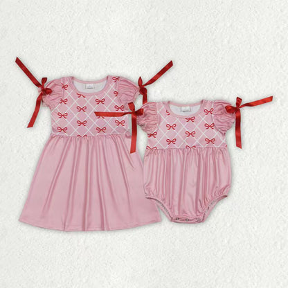 Sibling Baby Girls Kids Short Sleeves Bows Pink Bubble Romper Knee Length Dress