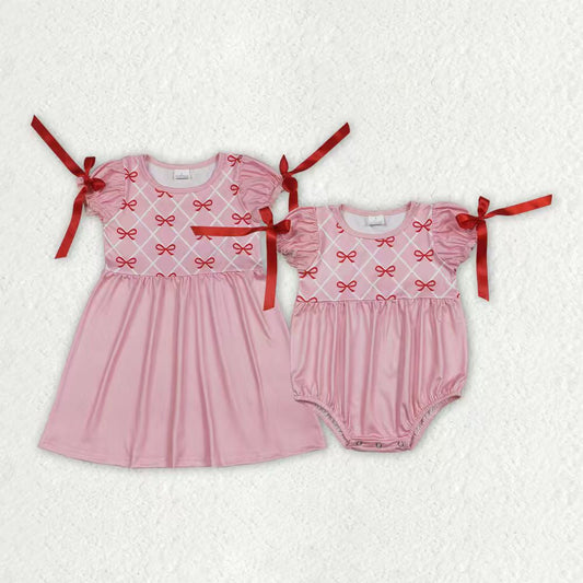 Sibling Baby Girls Kids Short Sleeves Bows Pink Bubble Romper Knee Length Dress