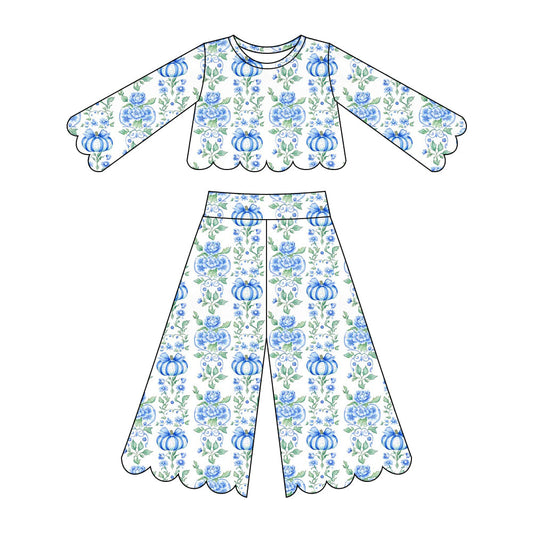 Preorder ( Moq 5 ) Baby Girls Kids Blue Pumpkins Bows Flower Shirt Scallop Pants Set Fall Clothes