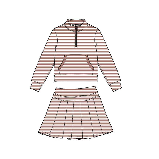 Moq 5 Preorder Baby Girls Kids Long Sleeves Brown Stripes Zipper Shirt Skirt Shorts Set Yoga Active Clothes