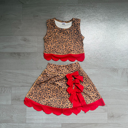 No moq  Preorder Baby Girls Kids Sleeveless Leopard Shirt Scallop Bows Skirt Shorts Yoga Active Set Clothes
