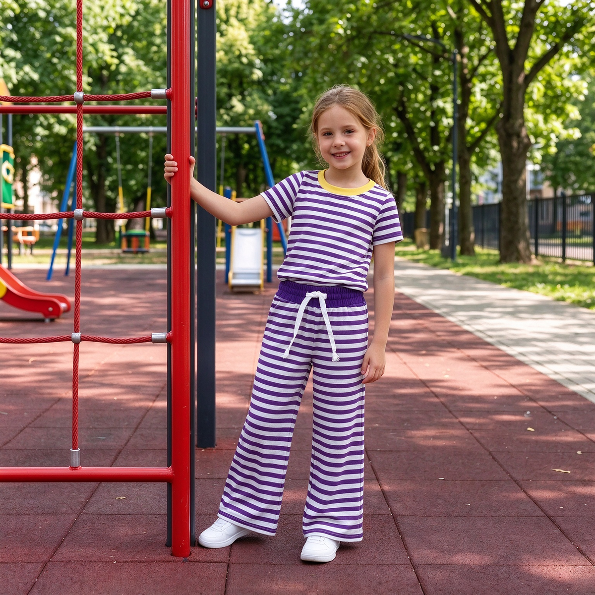 Baby Girls Kids Short Sleeves Purple Stripes Shirt Pants Pajamas Set Clothes RTS