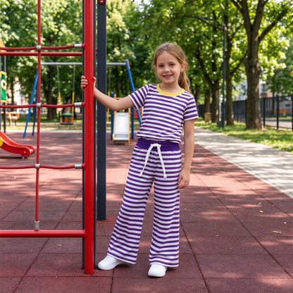Baby Girls Kids Short Sleeves Purple Stripes Shirt Pants Pajamas Set Clothes RTS