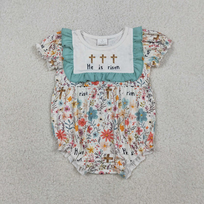 RTS Sibling Baby Girls Short Sleeves Crosses Flower Easter Romper Knee Length Dress