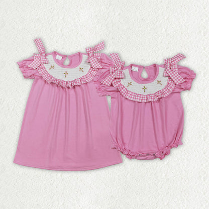 RTS Sibling Baby Girls Short Sleeves Embroidery Smocked Floral Crosses Easter Pink Romper Dress
