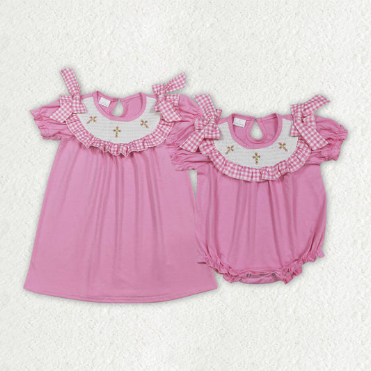 RTS Sibling Baby Girls Short Sleeves Embroidery Smocked Floral Crosses Easter Pink Romper Dress