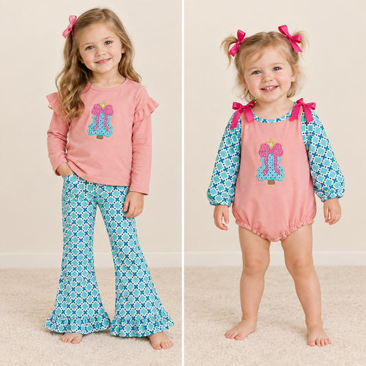 Sibling Baby Girls Kids Long Sleeves Embroidery Bows Tree Romper Set Christmas Clothes