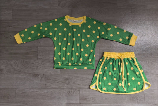 No moq Preorder Baby Girls Kids Long Sleeves Dots Shirt Skirt Shorts Green Set Clothes