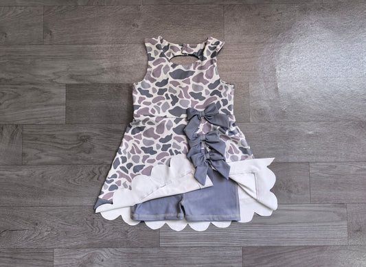 No moq Preorder Baby Girls Kids Sleeveless Grey Camo Print Bows Scallop Dress Yoga Active Clothes