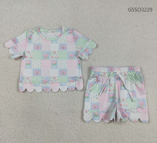 Baby Girls Kids Short Sleeves Flower Plaid Shirt Scallop Shorts Clothes Set RTS