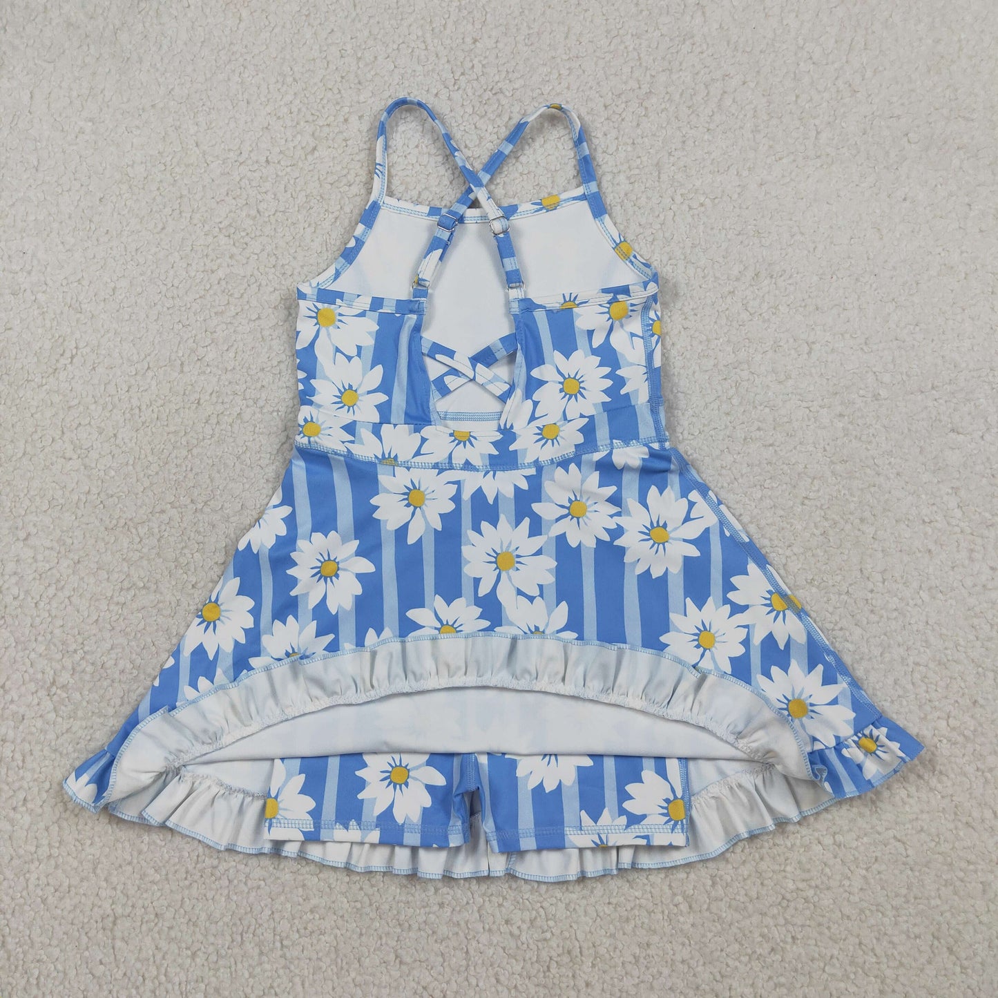 RTS Baby Girls Kids Sleeveless Flower Blue Stripes Yoga Knee Length Yoga Dress