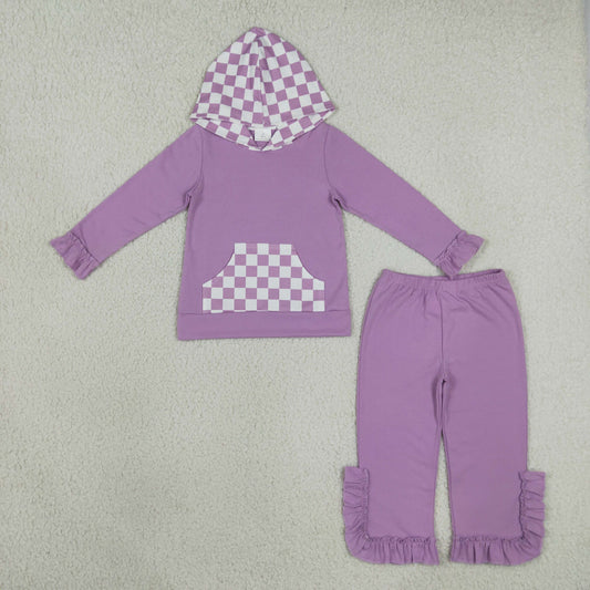 Baby Girls Kids Checked Pocket Hoodie Shirt Pants Purple Set Cotton Clothes