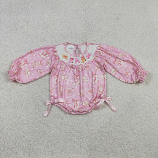 Baby Girls Long Sleeves Embroidery Smocked Boots Bows Flower Western Pink Romper