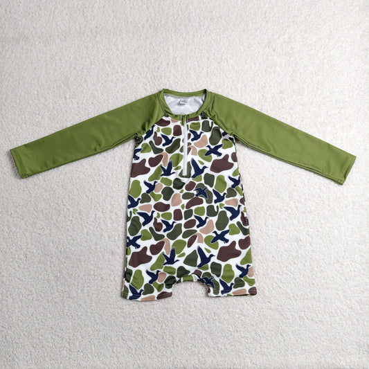 Baby Boys Long Sleeves Ducks Green Camo Zipper One-piece Swimsuit