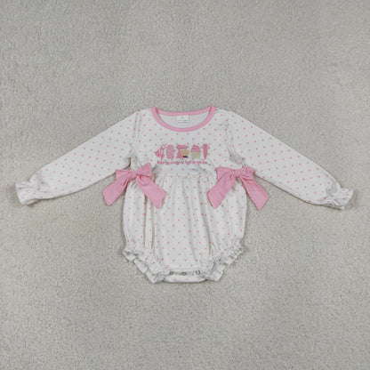 Baby Girls Infant Long Sleeves Embroidery Pink Bows Dots Bubble Romper