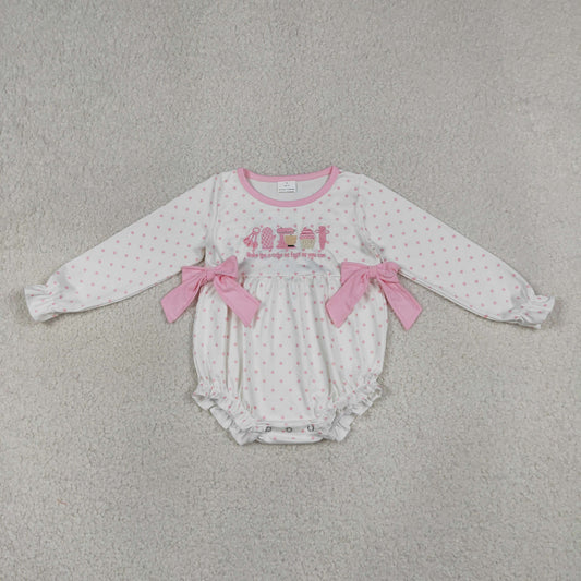 Baby Girls Infant Long Sleeves Embroidery Pink Bows Dots Bubble Romper