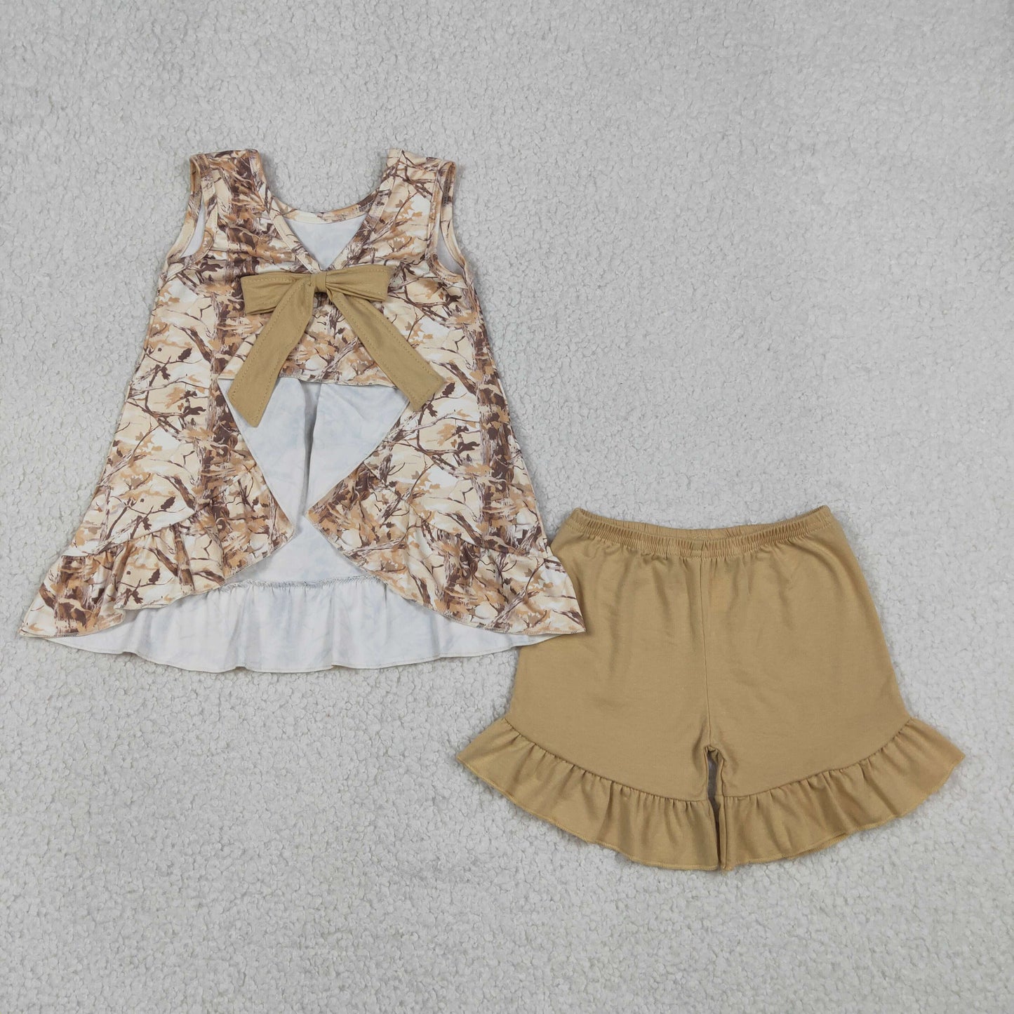 Baby Girls Kids Sleeveless Leaves Back Bow Tops Shorts Set Camo Clothes