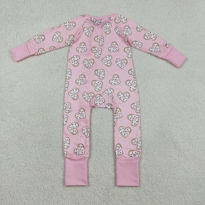 RTS Sibling Baby Girls Kids Long Sleeves Donuts Hearts Valentines Pink Zipper Romper Pajamas Set