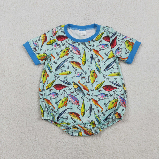 RTS Baby Boys Kids Short Sleeves Fishing Green Bubble Romper