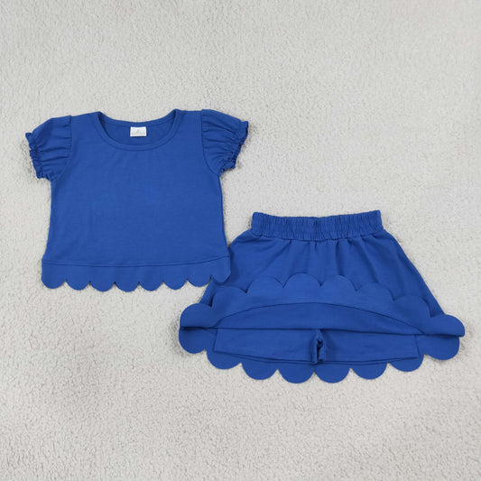 Baby Girls Kids Short Sleeves Shirt Scallop Skirt Shorts Set Blue Clothes