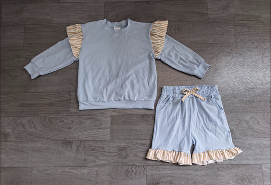No moq Preorder Baby Girls Kids Long Sleeves Tops Pockets Shorts Cotton Set Blue Clothes