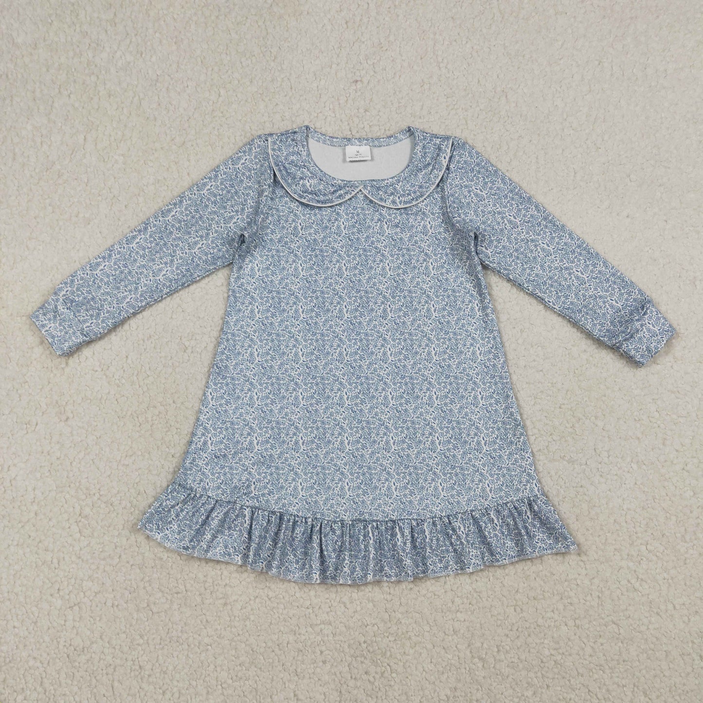 RTS Baby Girls Toddler Long Sleeves Blue Floral Ruffle Knee Length Dress