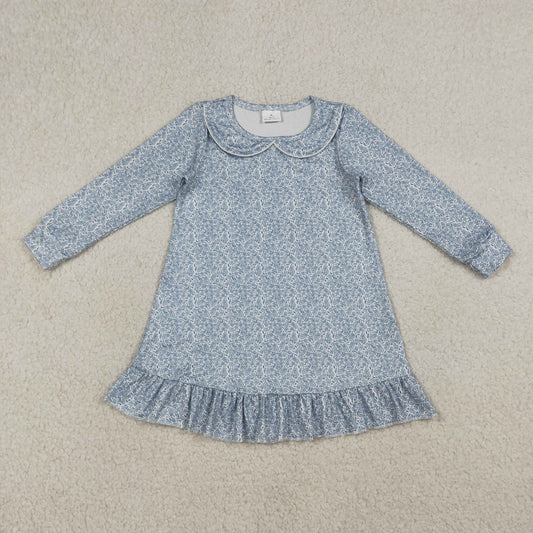 RTS Baby Girls Toddler Long Sleeves Blue Floral Ruffle Knee Length Dress