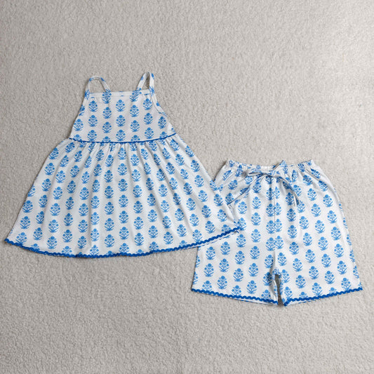Sibling Baby Girls Kids Straps Flower Dots Tunic Shorts Sets Summer Clothes