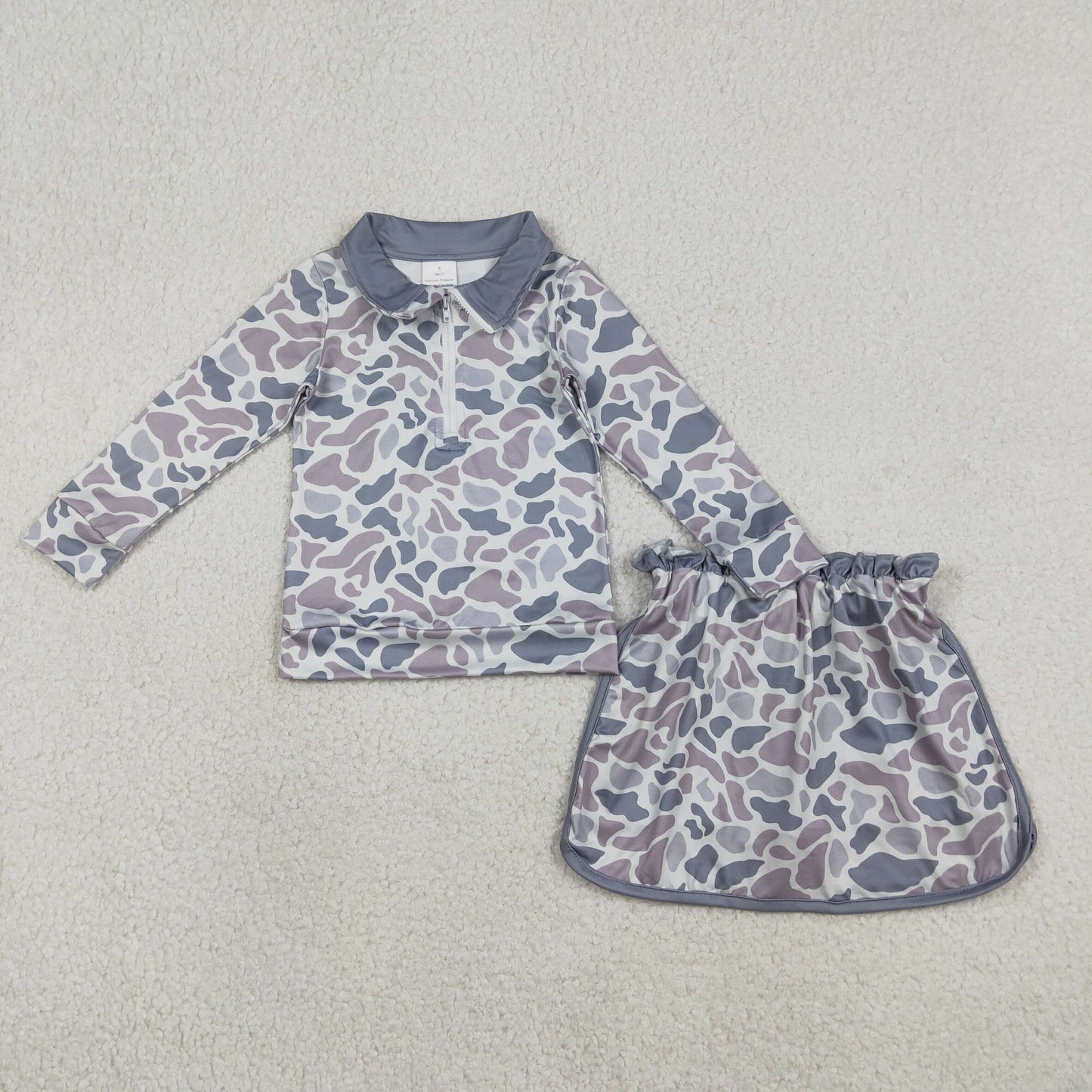 RTS Baby Girls Long Sleeves Grey Camo Zipper Pullover Skirt Shorts Set