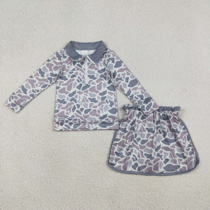 RTS Baby Girls Long Sleeves Grey Camo Zipper Pullover Skirt Shorts Set