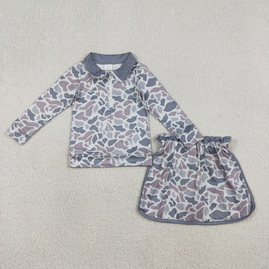 RTS Baby Girls Long Sleeves Grey Camo Zipper Pullover Skirt Shorts Set
