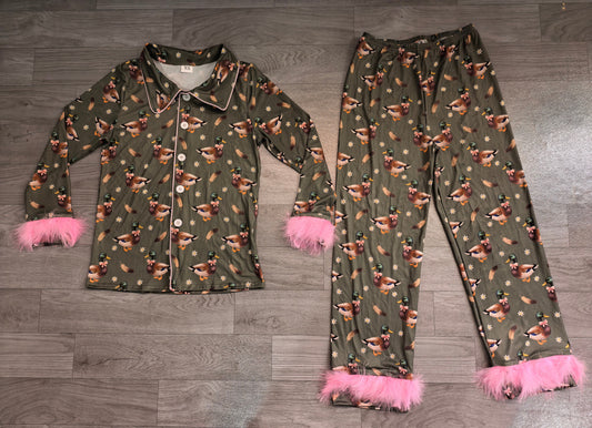 No moq Preorder Adult Women Ducks Bows Flower Buttons Shirt Pink Fur Pants Pajamas Pink Set