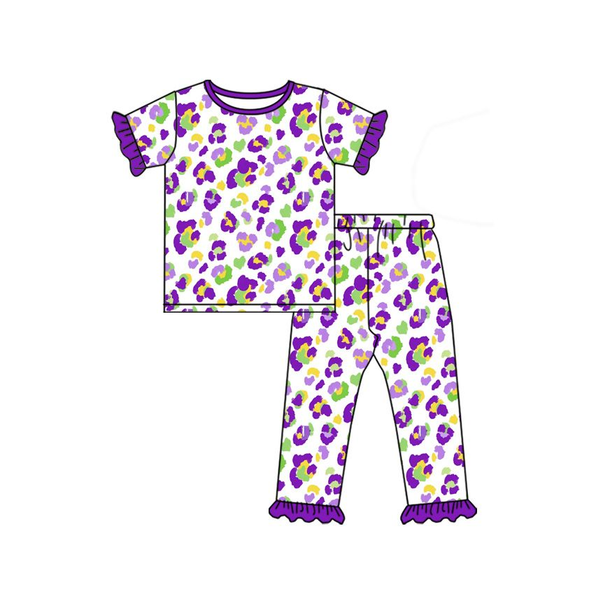 Moq 5 Preorder Baby Girls Kids Leopard Mardi Gras Shirt Pants Pajamas Set Clothes