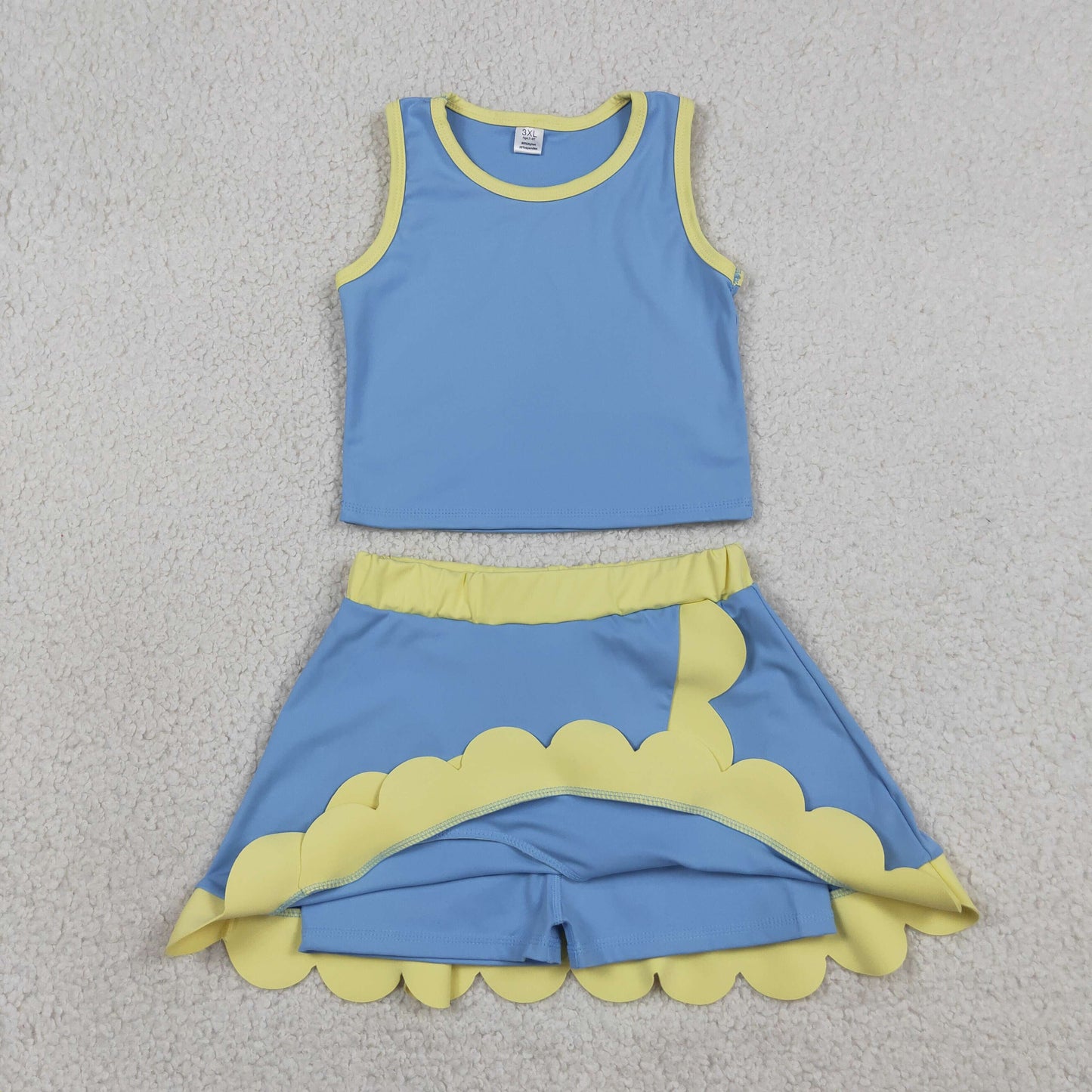 Baby Girls Kids Shirt Scallop Skirt Shorts Yoga Active Blue Yellow Set Clothes