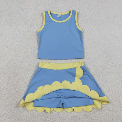 Baby Girls Kids Shirt Scallop Skirt Shorts Yoga Active Blue Yellow Set Clothes
