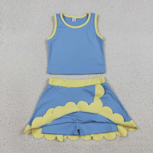 Baby Girls Kids Shirt Scallop Skirt Shorts Yoga Active Blue Yellow Set Clothes