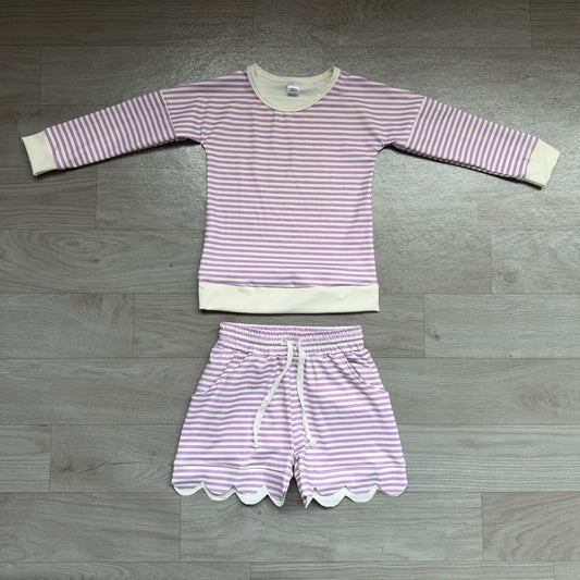 No moq Preorder Baby Girls Kids Long Sleeves Purple Stripes Shirt Scallop Shorts Set Yoga Active Clothes