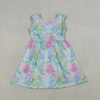 RTS Sibling Baby Girls Kids Sleeveless Sea Flower Knee Length Dress Romper Summer Clothes