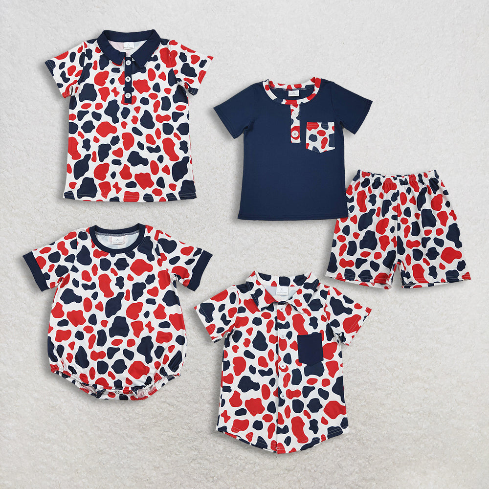 RTS Sibling Baby Boys Short Sleeves Navy Buttons Shirt Camo Shorts Set Romper Shirt 4th of July Clothes