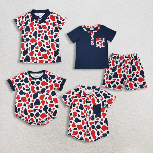RTS Sibling Baby Boys Short Sleeves Navy Buttons Shirt Camo Shorts Set Romper Shirt 4th of July Clothes