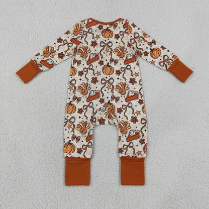 Baby Girls Kids Long Sleeves Pumpkins turkey Bows Zipper Footie Sleeper Fall Romper