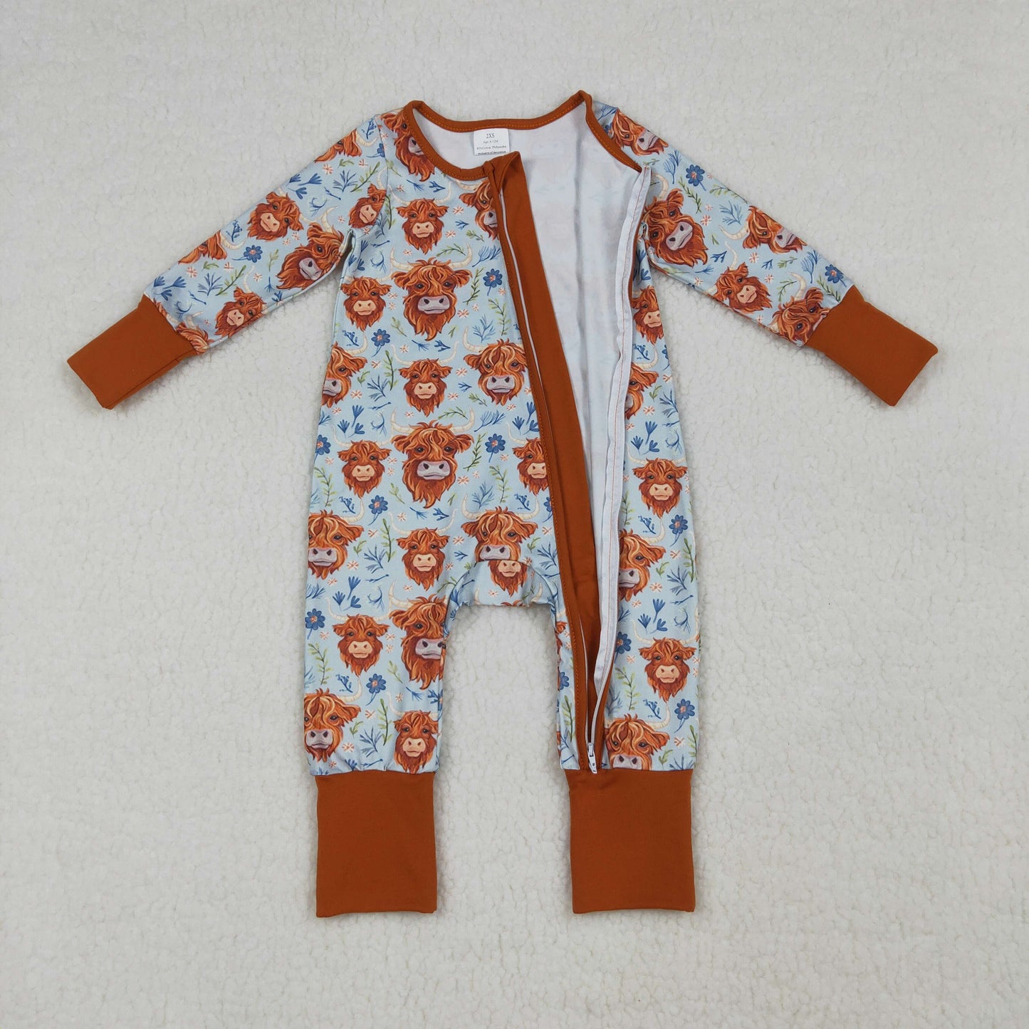 RTS Baby Girls Infant Long Sleeves Western Cows Flower Zipper Romper Clothes