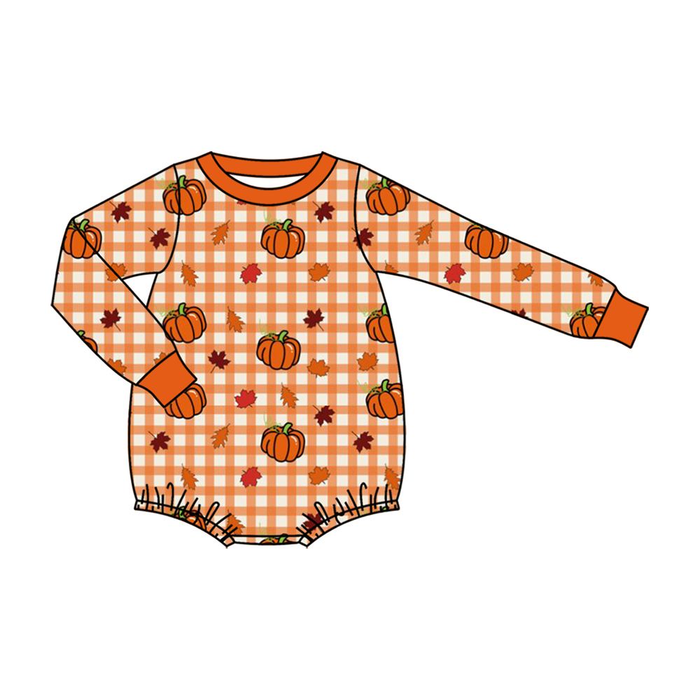 Moq 5 Preorder Baby Boys Infant Long Sleeves Pumpkins Orange Plaid Fall Bubble Romper Clothes