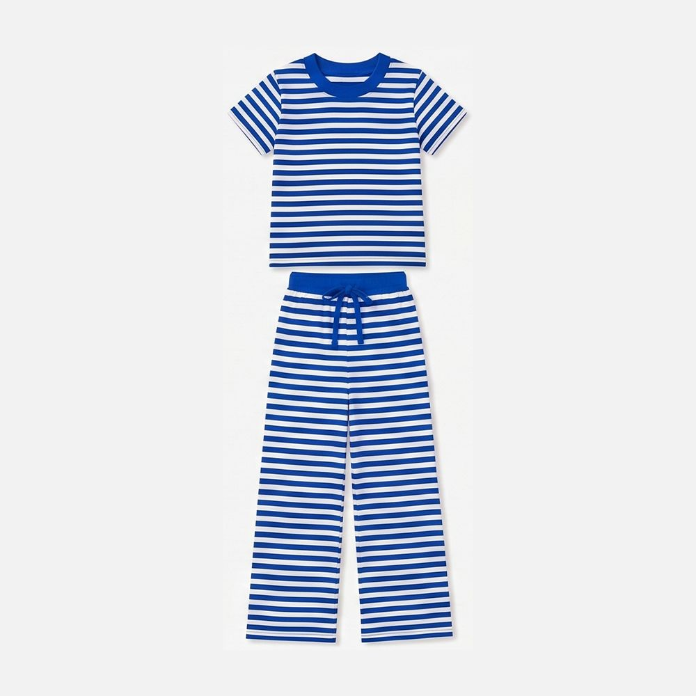 Moq 5 Preorder Baby Girls Kids Short Sleeves Blue Stripes Shirt Pants Pajamas Set Clothes
