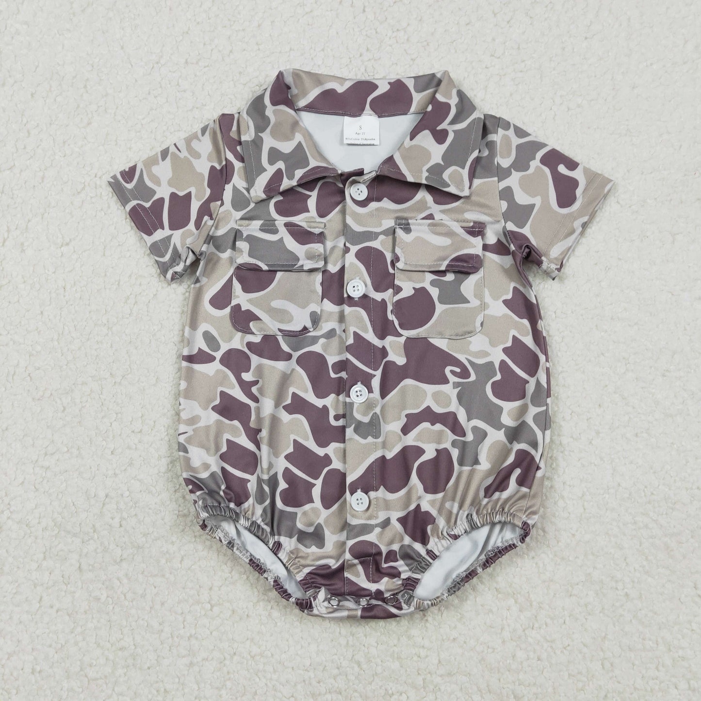 Baby Boys Short Sleeves Dark Grey Camo Pockets Buttons Romper