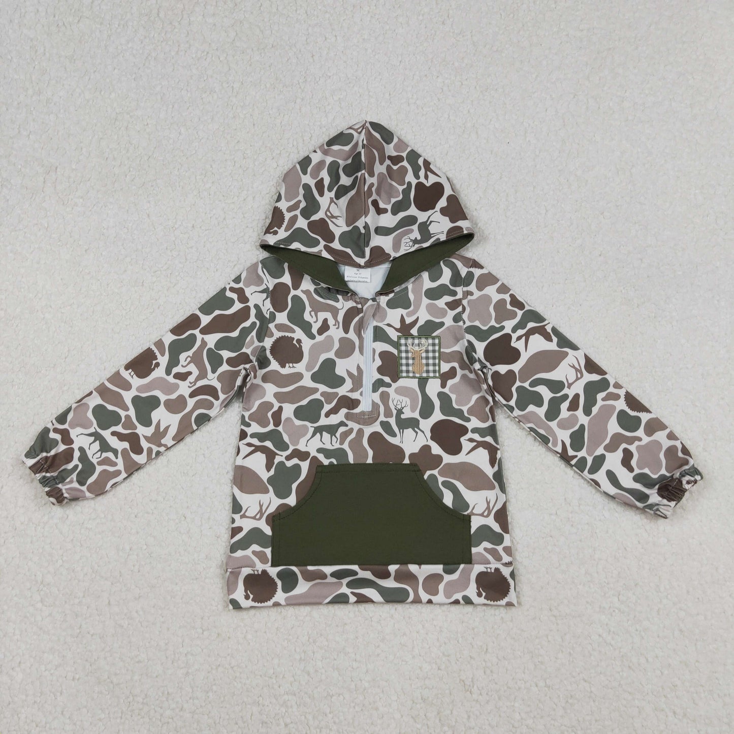 Baby Girl Long Sleeves Embroidery Deer Dog Duck Hoodie Zipper Green Camo Shirt
