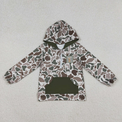 Baby Girl Long Sleeves Embroidery Deer Dog Duck Hoodie Zipper Green Camo Shirt