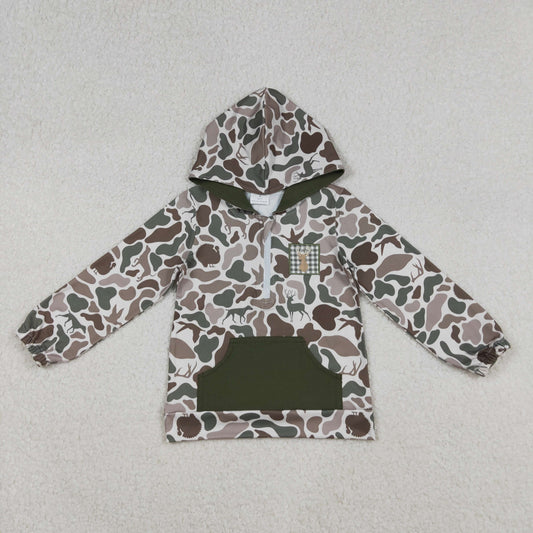 Baby Girl Long Sleeves Embroidery Deer Dog Duck Hoodie Zipper Green Camo Shirt